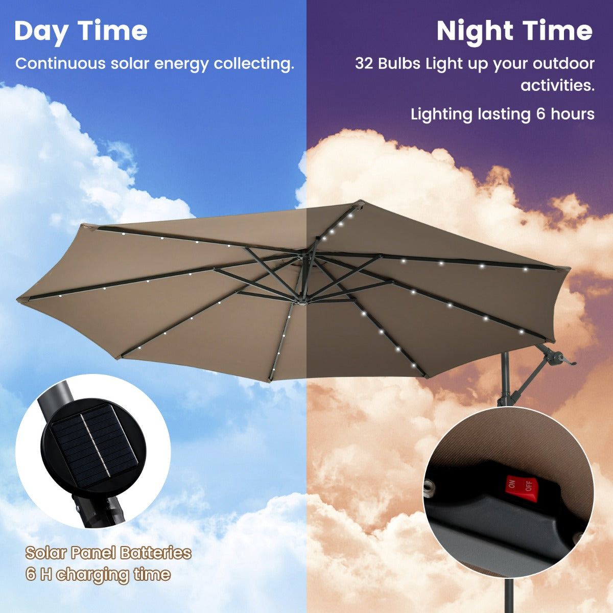Fribärande – parasoll med solar LED lampor och sandsäckar vev UV skydd – 40 Ø 300 cm – Brun