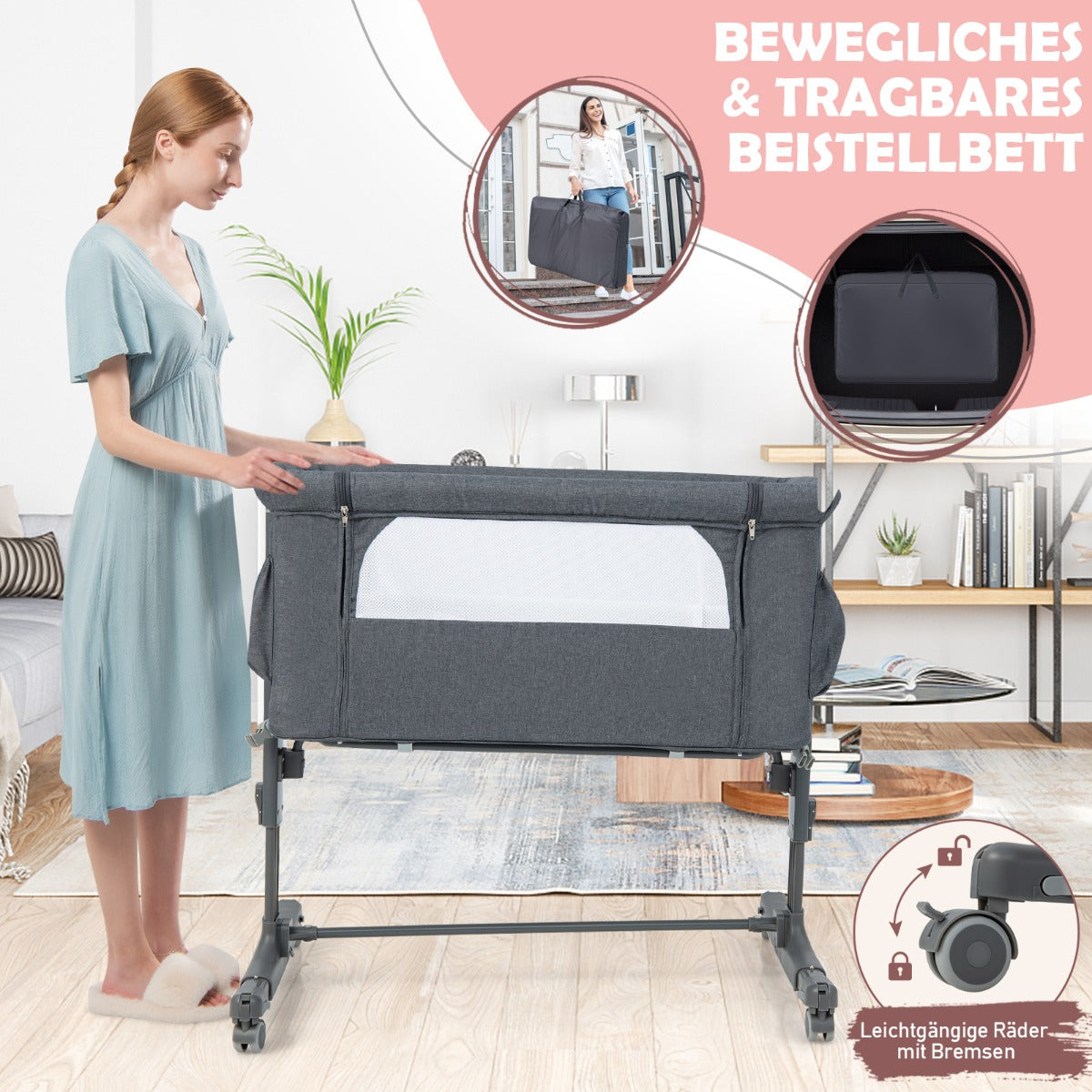 Bärbar – i babyvagga med nivå justerbar höjd och andningsbart nätgrått – 3 1 5 – Grå