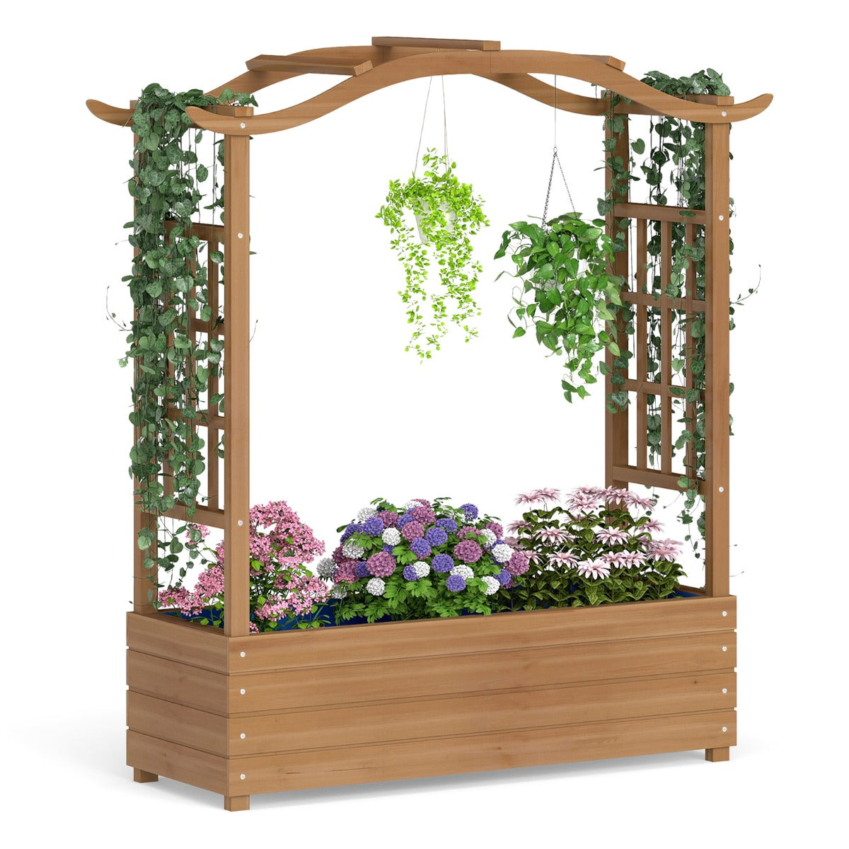 Högbädd – med Klätterställning och Hängande Tak Blomlåda Odlingslåda för Klätterväxter – Brun