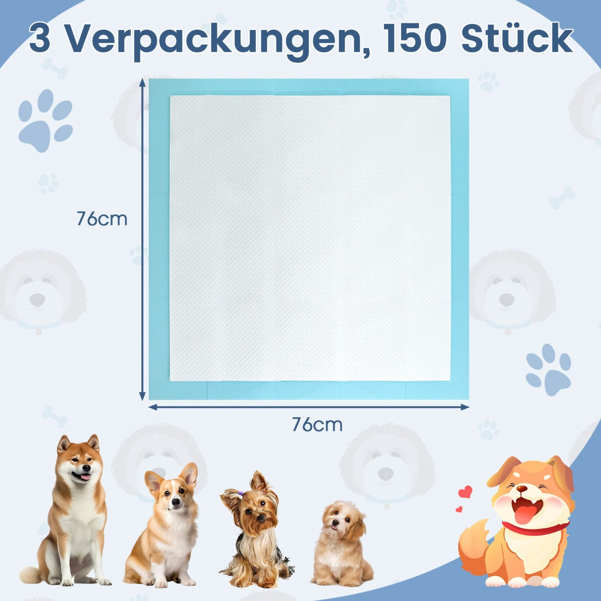 Träningsmaterial – för hundar, utomhussäkert lagers design, valpunderlag Puppy Pads (76 x stycken) – 6 76 cm 150 – Blå