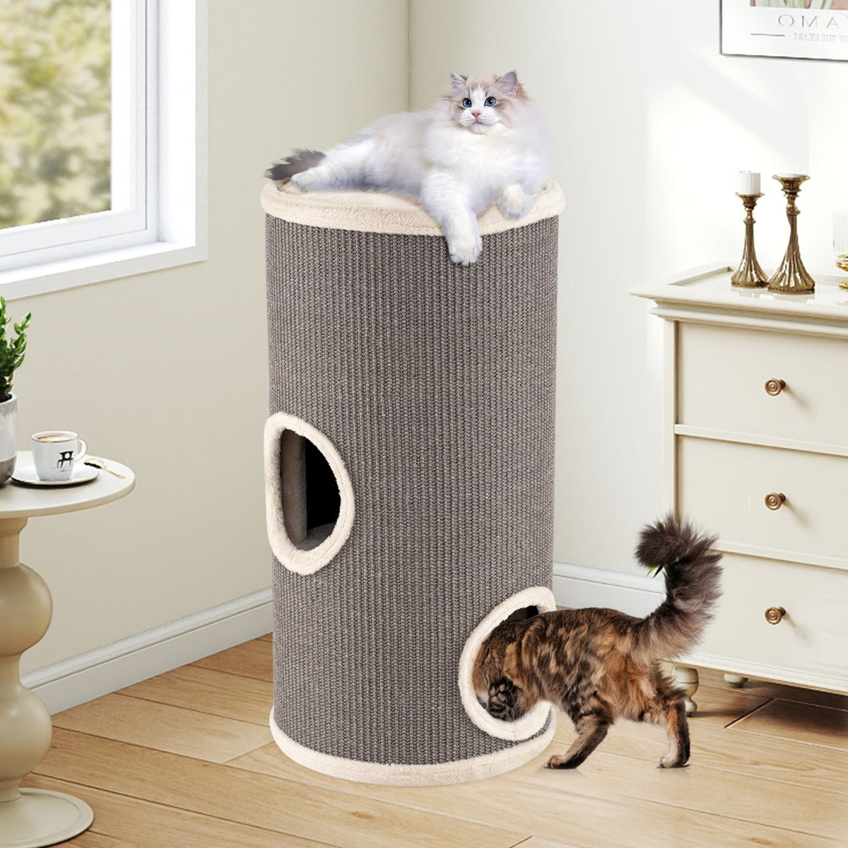 vånings – Kattklösträd Katthus med Sisal Rep mysig Sovplats Fatformad Katttorn – 4 – Grå