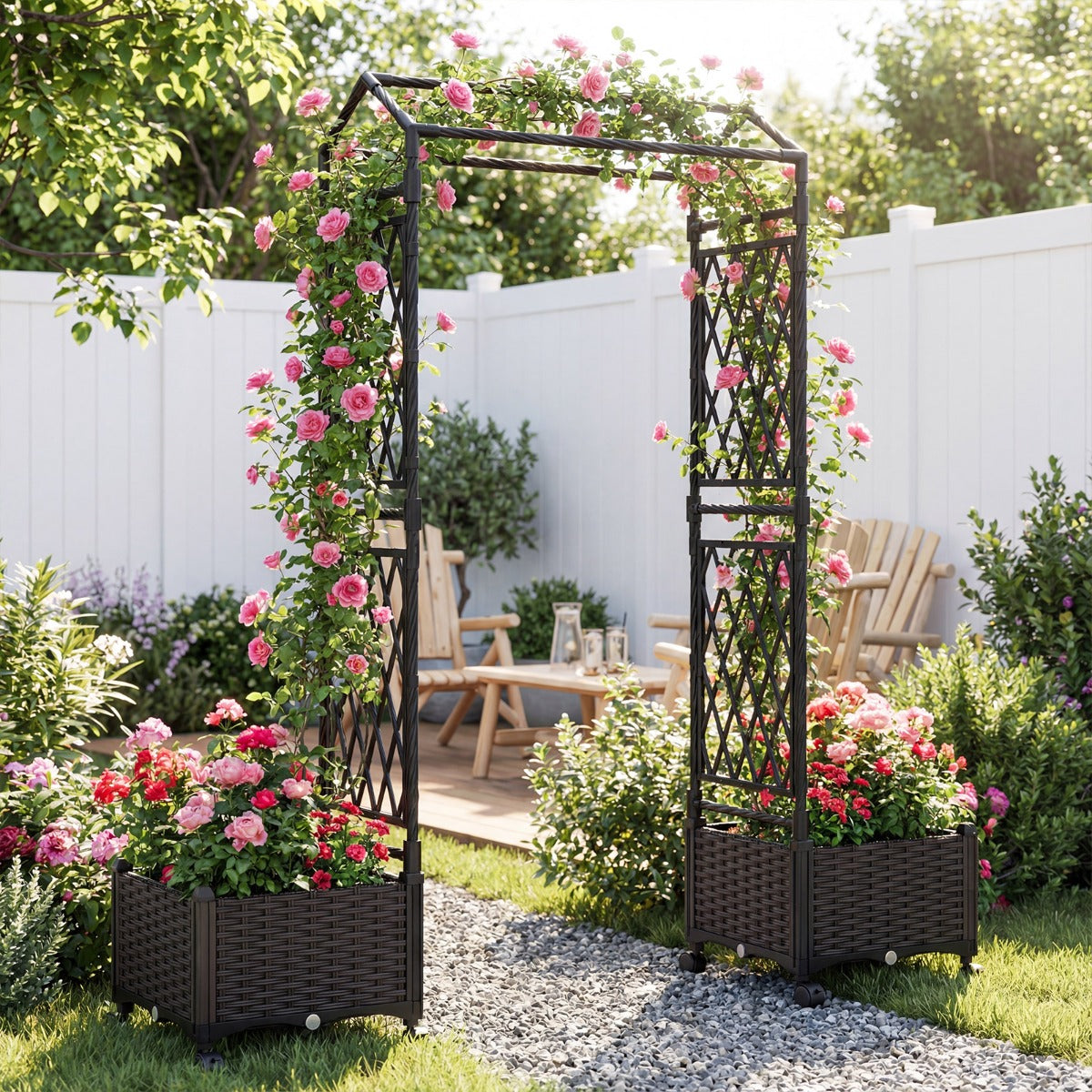 Blomlåda – med klätterstöd och hängande tak Höglätt på låsbara hjul – 154 x 40 x 162 cm – Brun