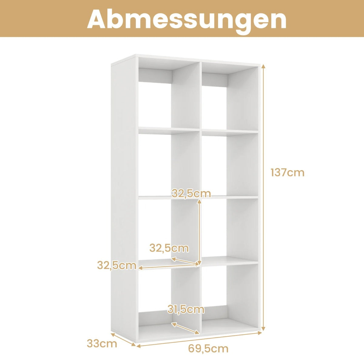kubers – bokhylla modern kubhylla med skyddsräcke på baksidan och tippskyddssats – 8 69,5 x 33 x 137 cm – Vit