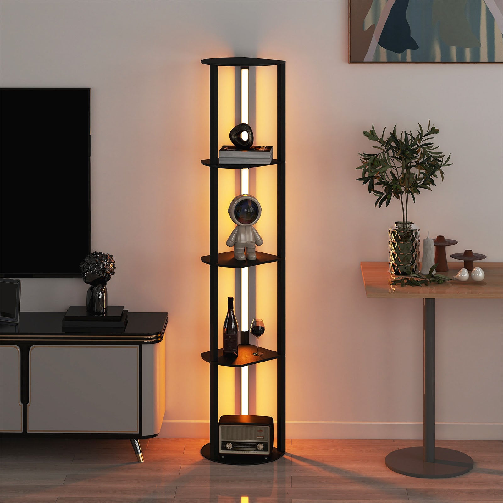 Golvlampa – med hyllor och roterbara LED remsor fotströmbrytare avlastningshylla – 4 – Svart