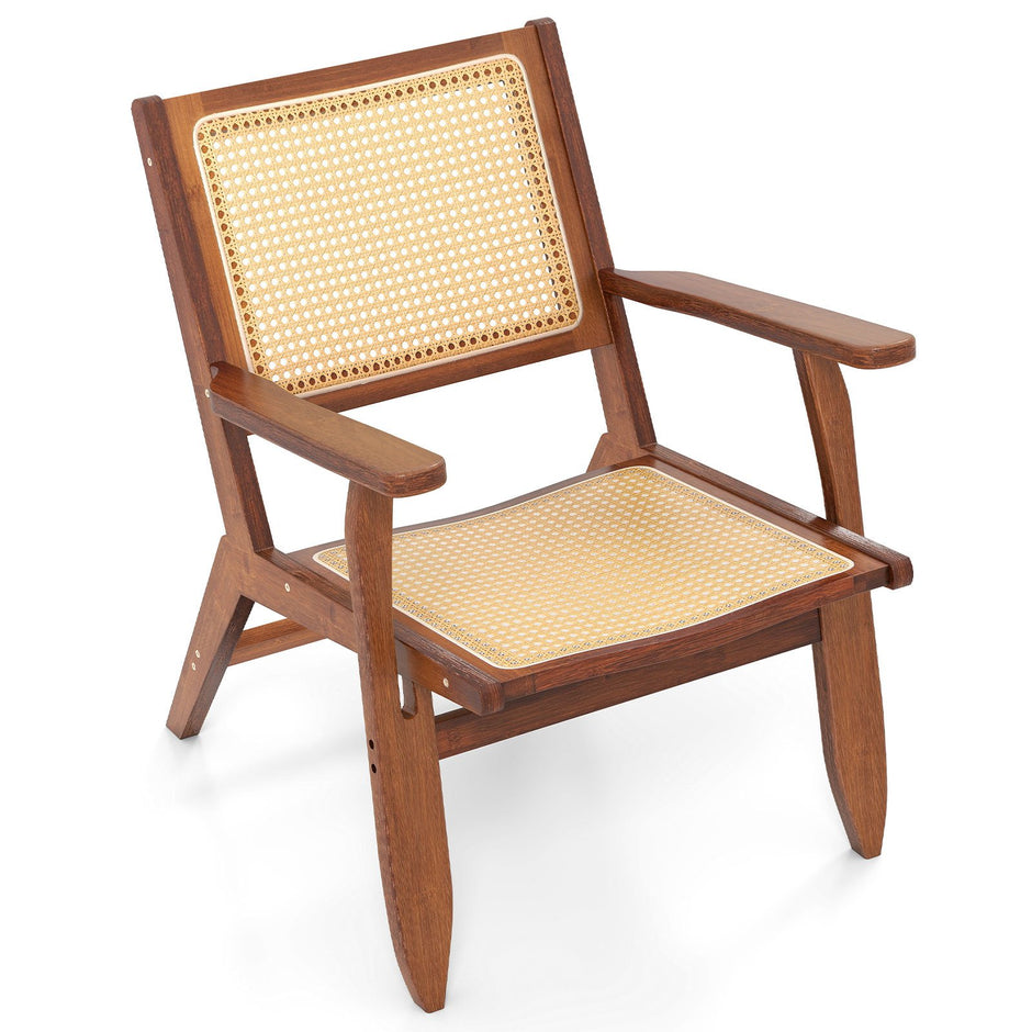 Rattanstol – med ergonomisk ryggstöd och armstöd, bambu matsalsstol – Brun