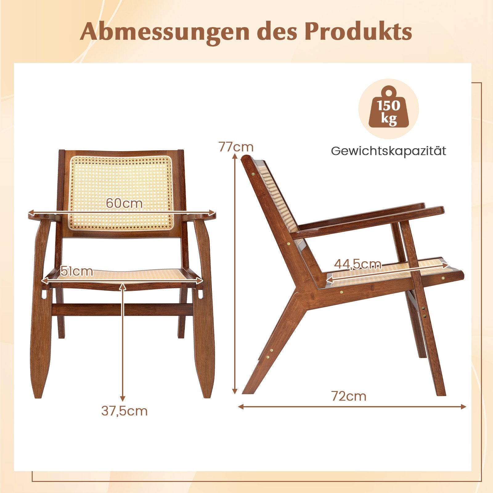 Rattanstol – med ergonomisk ryggstöd och armstöd, bambu matsalsstol – Brun