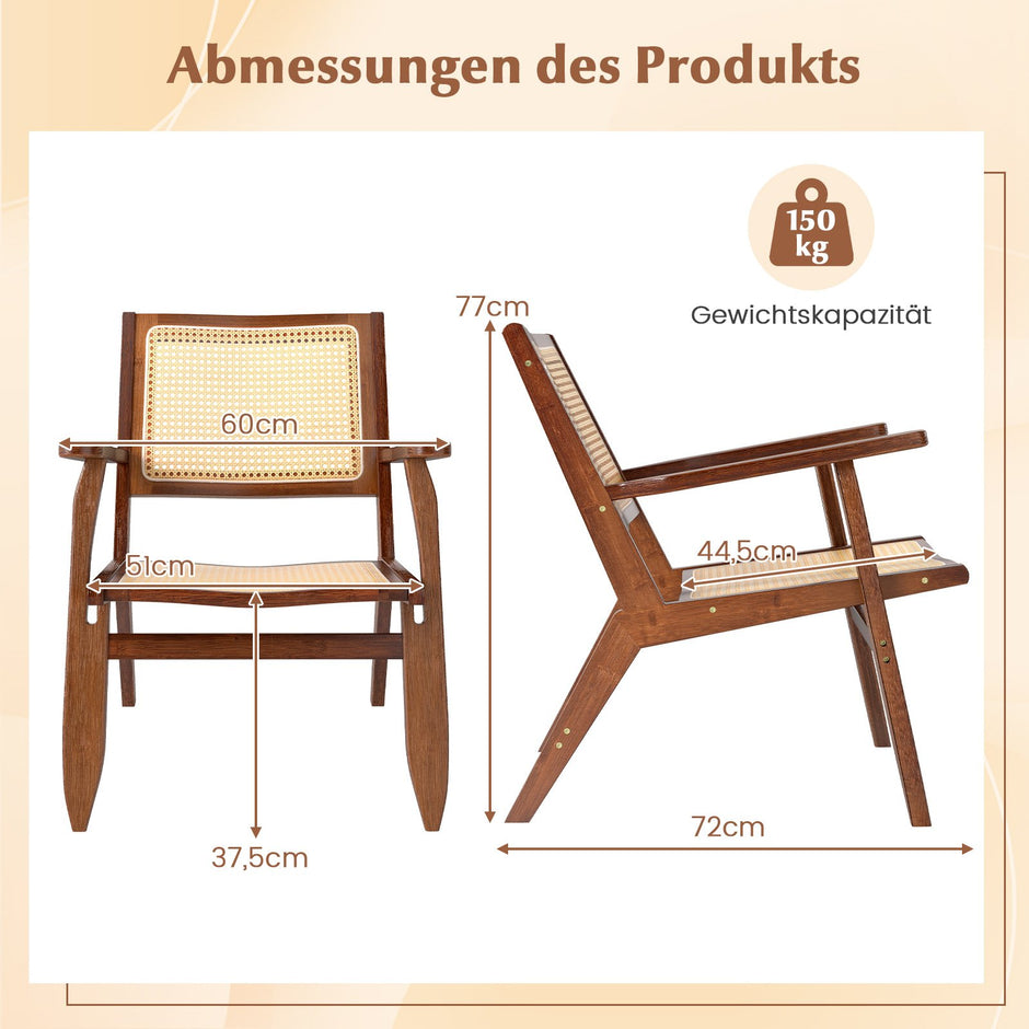 Rattanstol – med ergonomisk ryggstöd och armstöd, bambu matsalsstol – Brun