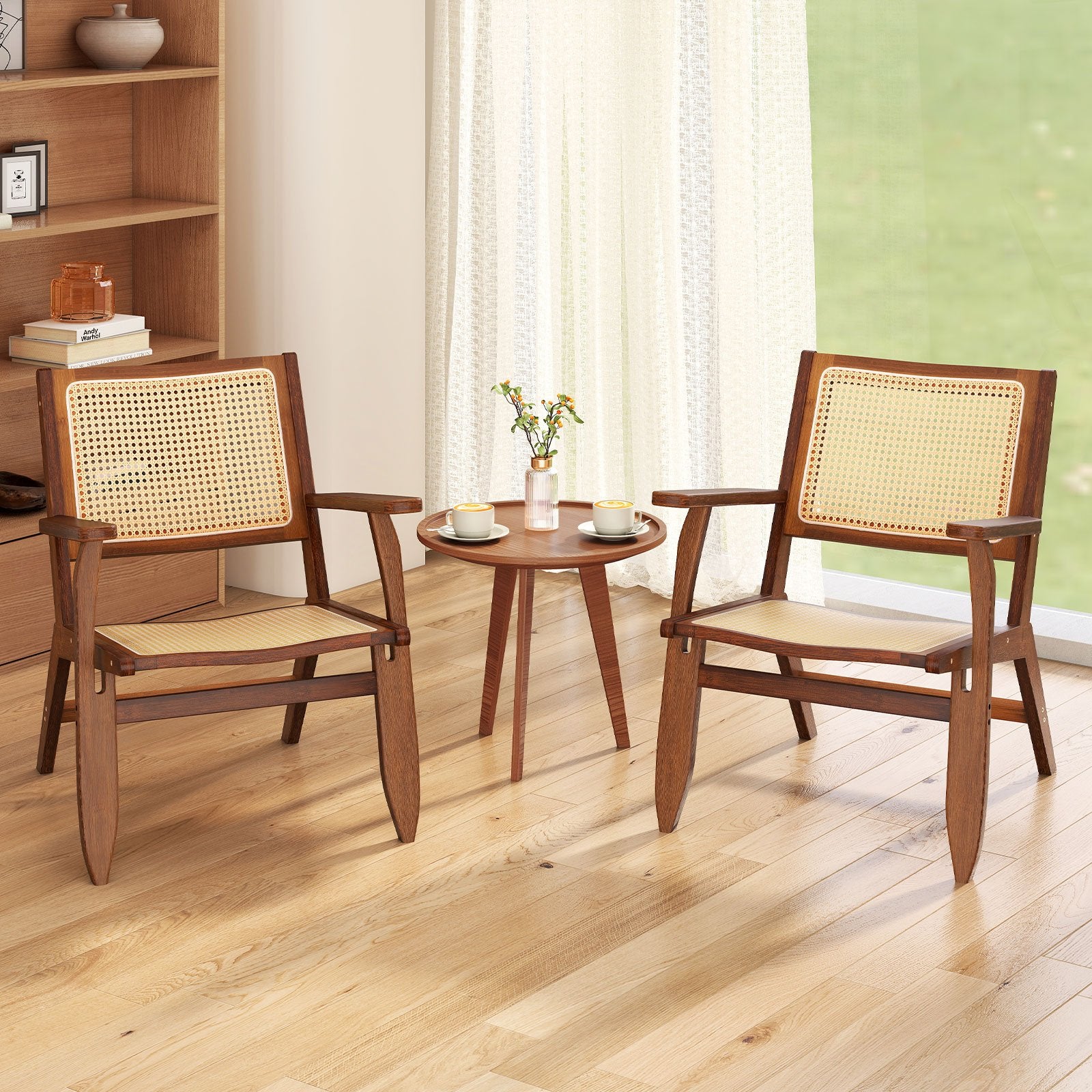 Rattanstol – med ergonomisk ryggstöd och armstöd, bambu matsalsstol – Brun