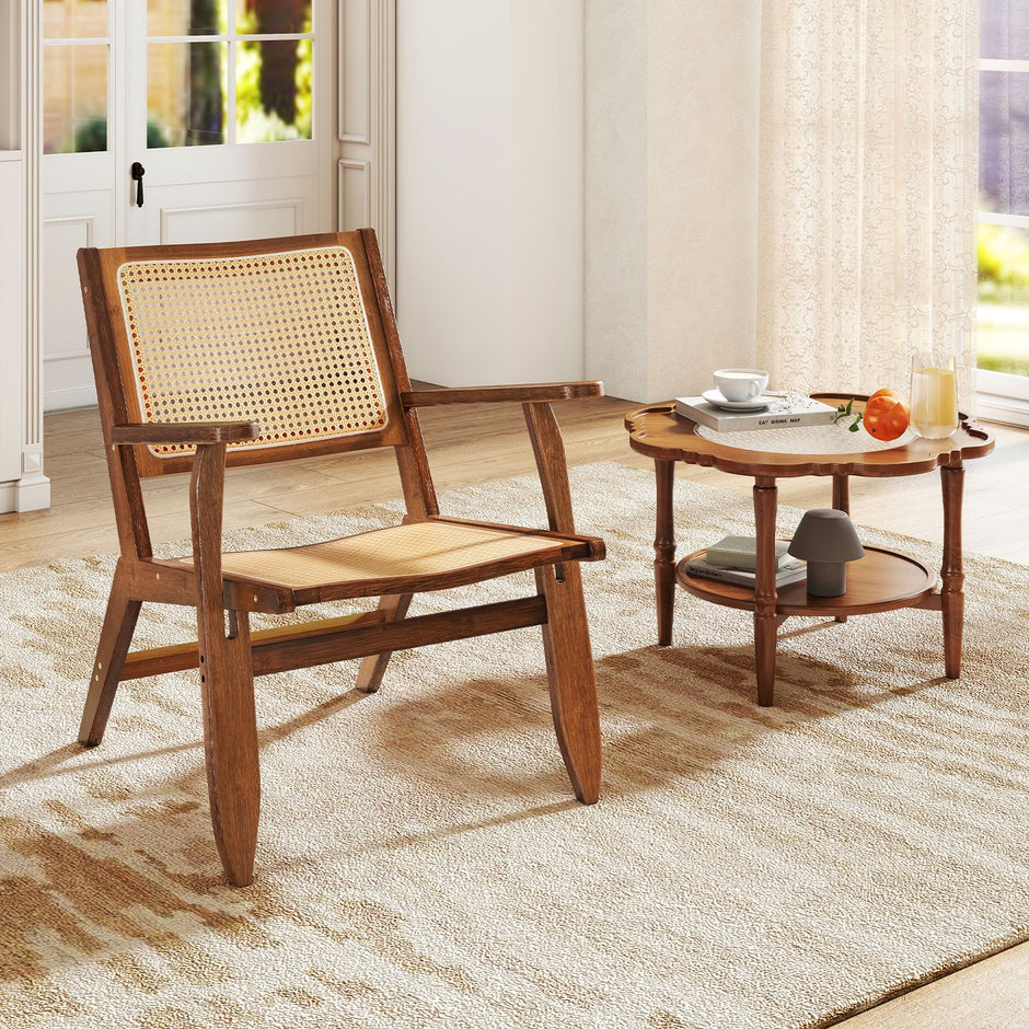 Rattanstol – med ergonomisk ryggstöd och armstöd, bambu matsalsstol – Brun