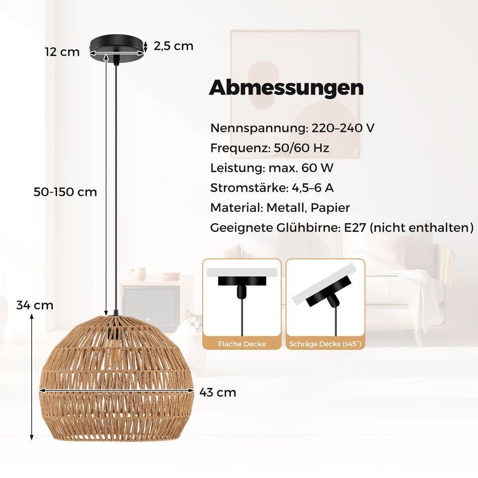 Flätad – pendellampa Boho taklampa med justerbar hänghöjd hänglampa – Brun