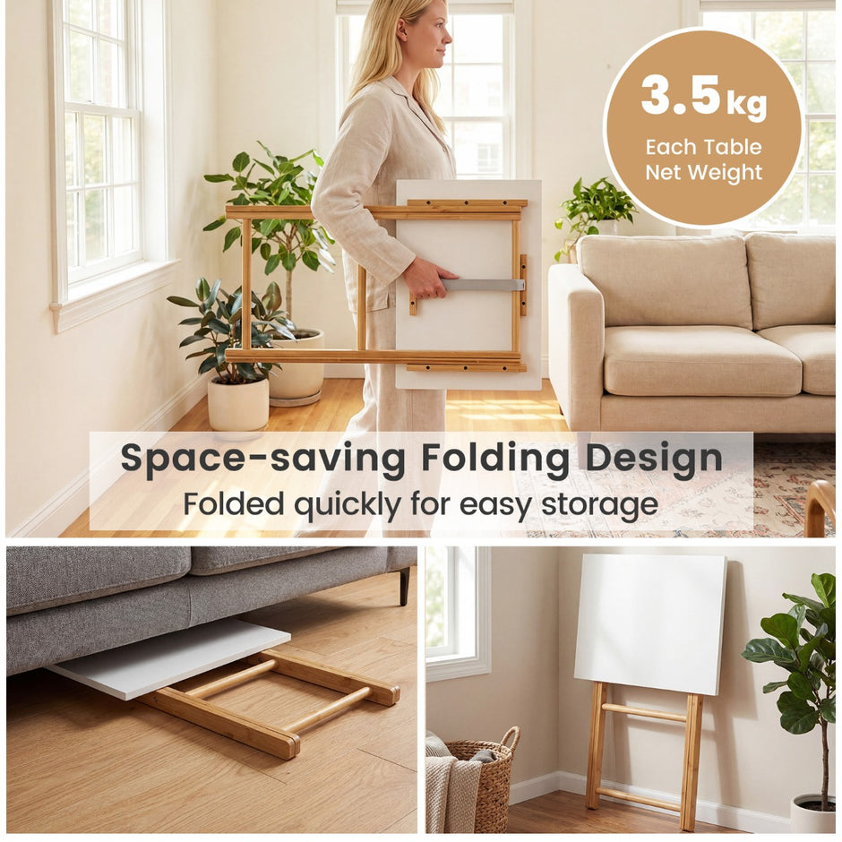 pack – hopfällbara TV brickor i bambu Bärbart sidobord, och – 2 – Natur + vit