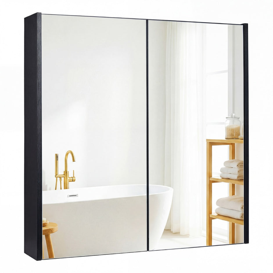 Hängande – badrumsskåp med spegeldörrar och hyllor i trä för entré – 62 x 11 x 65 cm – Svart