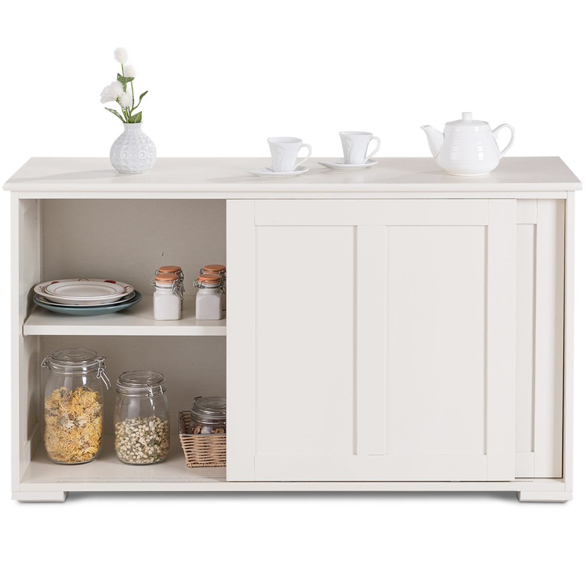 Skänk – Köksskåp Sidoskåp med skjutdörrar Vit/Brun – 106,5 x 33 x 60 cm – Beige