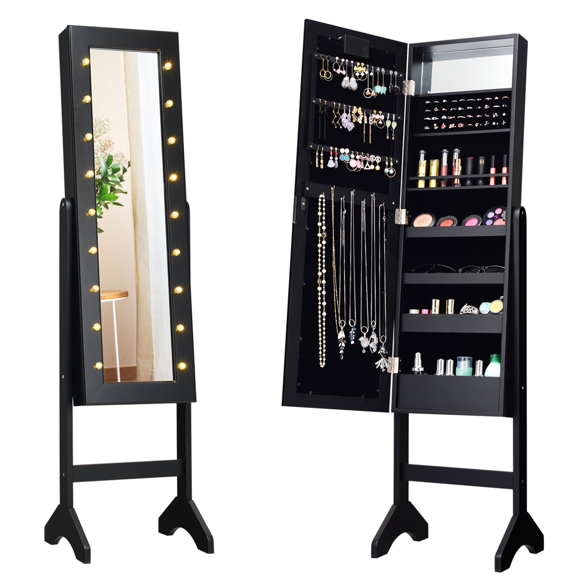 LED smyckesskåp – Lutning Justerbar Stående Design Smyckehylla med fullängdsspegel – 18 35 x 31,5 x 145 cm – Svart