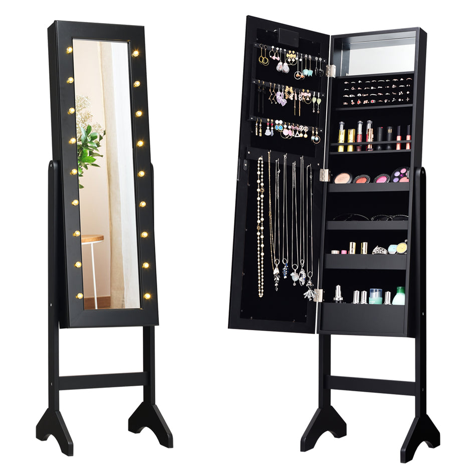 LED smyckesskåp – Lutning Justerbar Stående Design Smyckehylla med fullängdsspegel – 18 35 x 31,5 x 145 cm – Svart