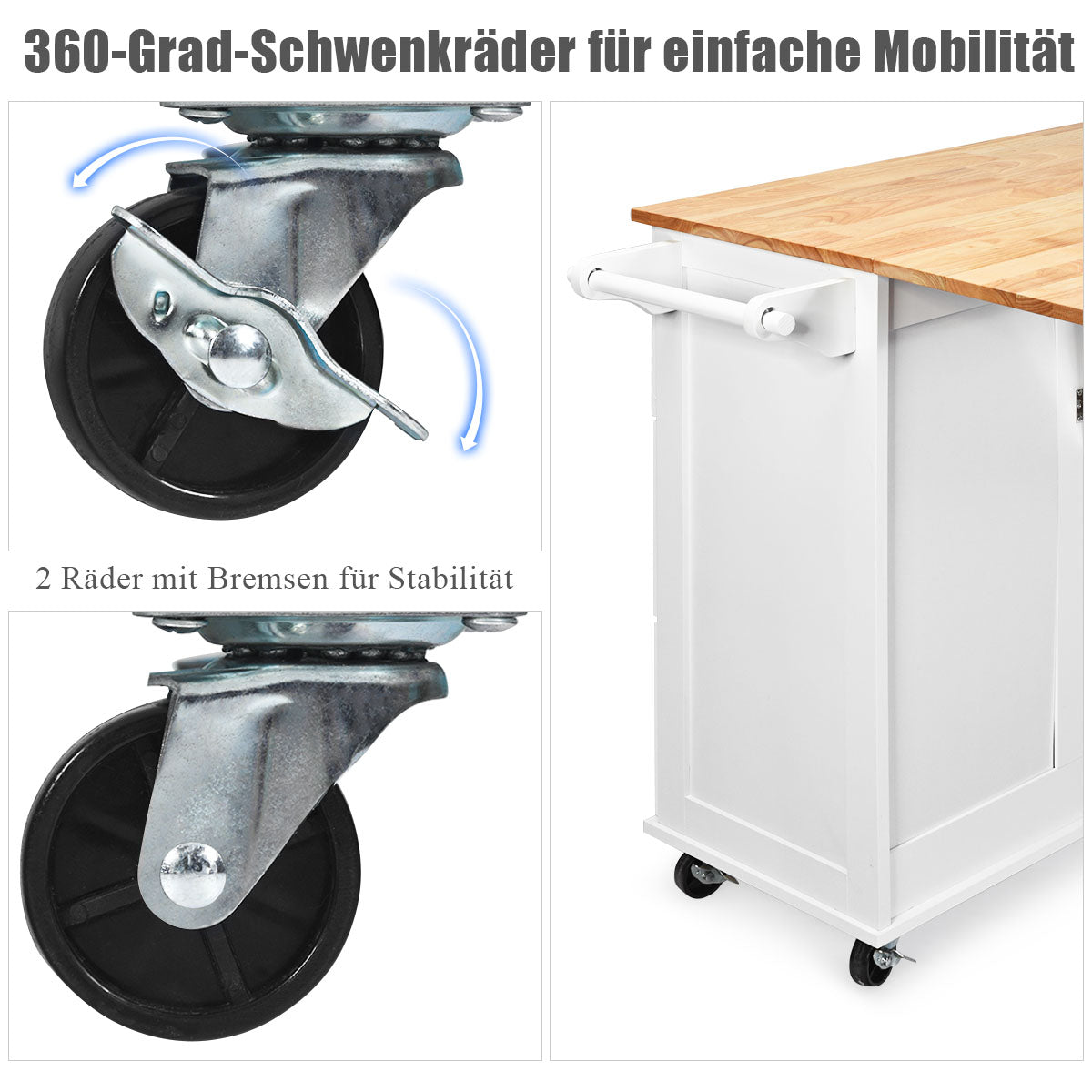 Rullbar – köksvagn med bänkskiva köksö handdukstork och lådor – 136 x 76 x 91 cm – Vit