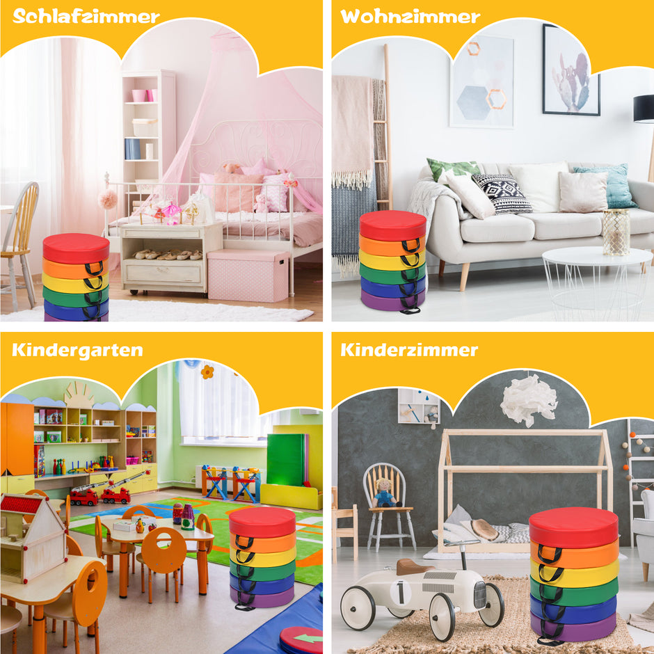 Set – med st runda stolsdynor för barn, golvkuddar, sittdynor – 6 – Färgglad