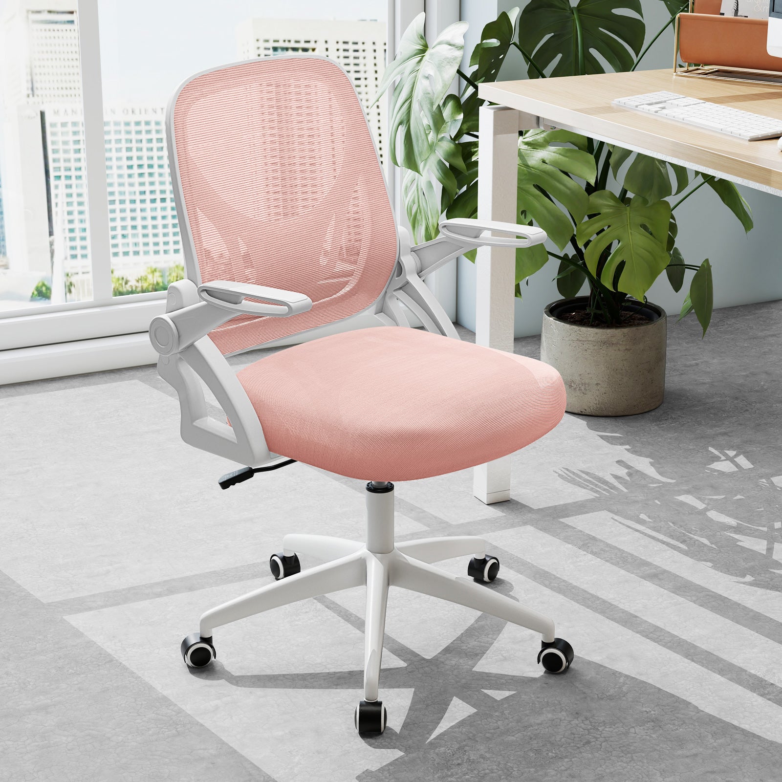 Ergonomisk – kontorsstol med fällbara armstöd och gungfunktion, skrivbordsstol – Rosa