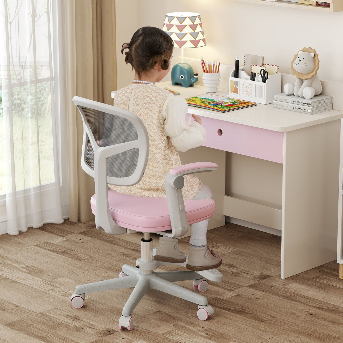 Barnskrivbordsstol – med höjdjusterbar sits barnstol hjul – 41-52 cm – Rosa