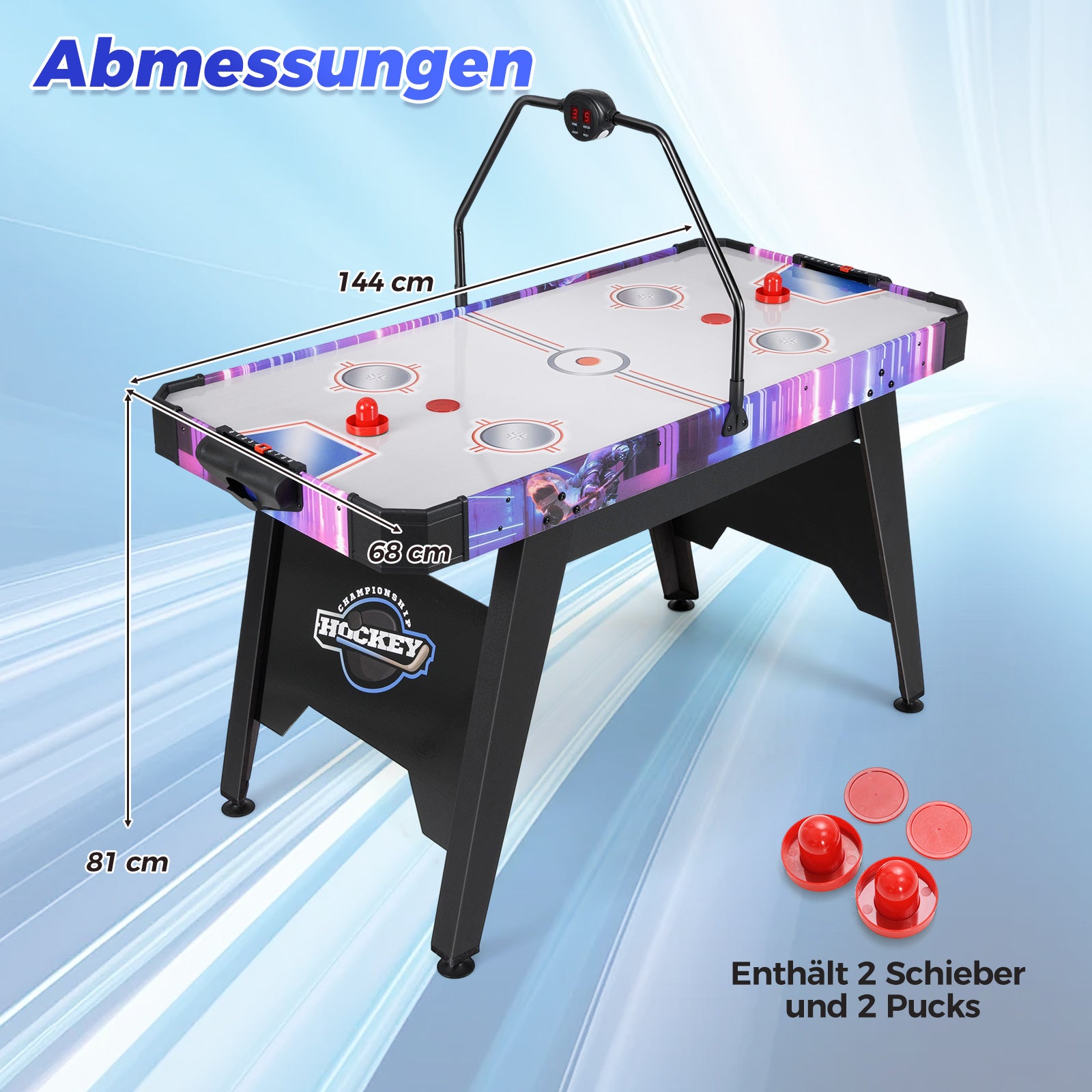 Airhockey – bord med kraftfull 12V motor och LED digitaldisplay – 144 cm – Svart