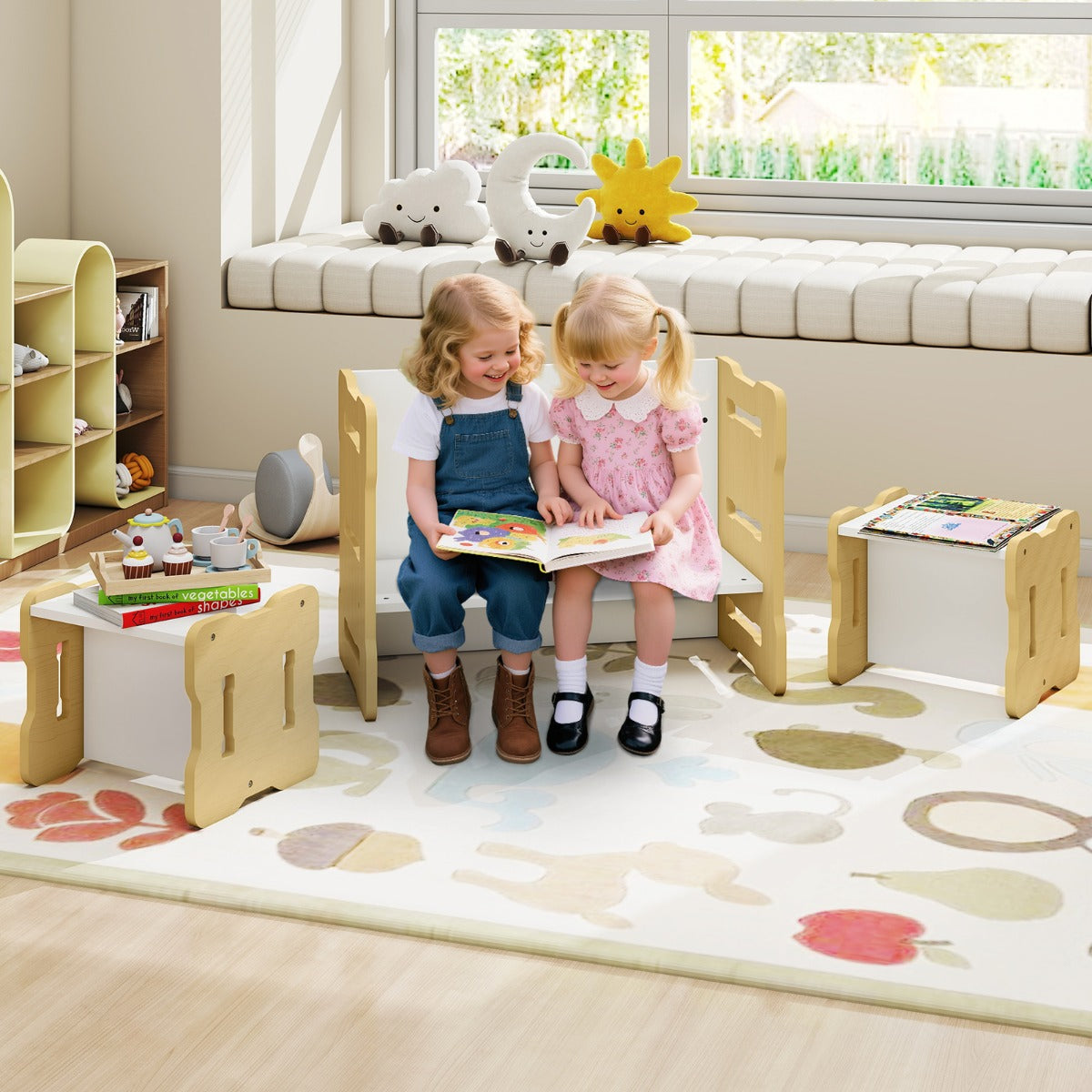 DEL. – Barn Bord och Stol Set med Pall Rundad Hörn Design – 3 2 – Natur