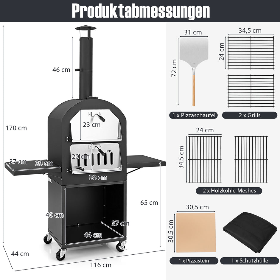 Vedeldad – pizzaugn för utomhusbruk med skyddande överdrag pizzasten pizzaspade och grillgaller – 305 cm – Svart