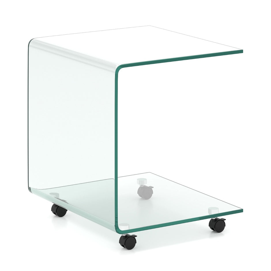 Sidobord – i härdat glas med hjul C formad Nattduksbord Soffbord Kaffebord Transparent – Genomskinlig