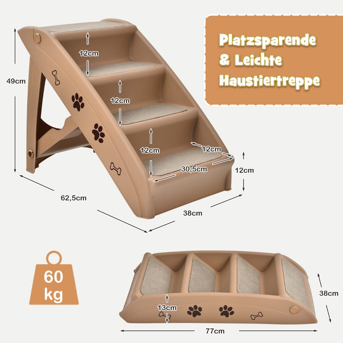 Husdjurstrappa – med trappsteg bärbar klätterstege Säker hundramp – 4 62,5 x 38 x 49 cm – Brun