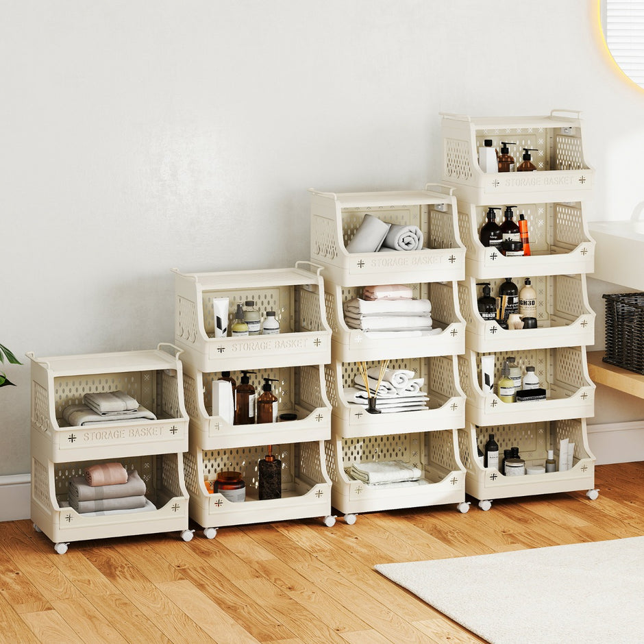steg – Rullande Tvättkorg med Handtag och Krok Staplbar Plast Förvaringsvagn – 5 – Beige