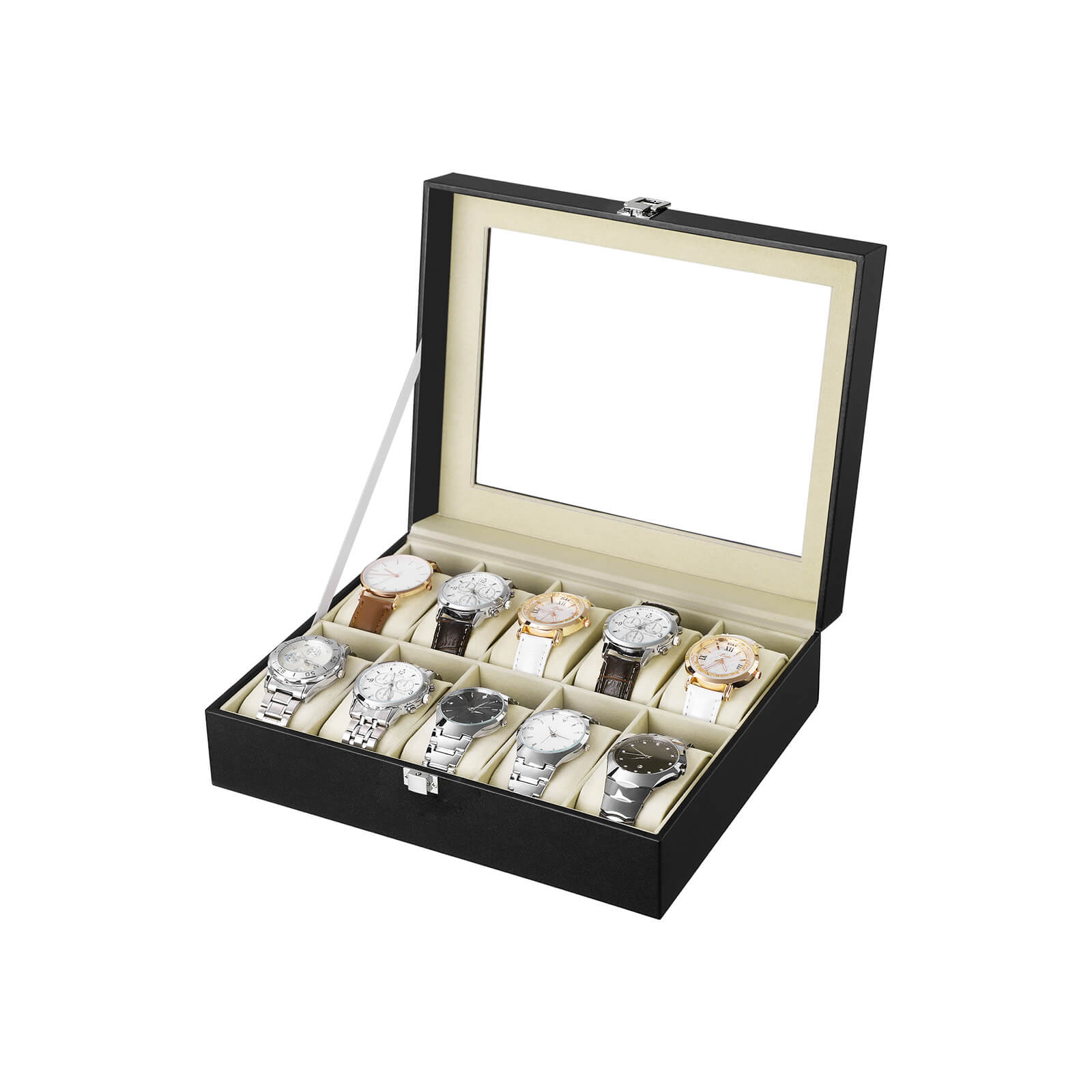 Watchbox - 10 Fächer - Glasdeckel - schwarz/grau