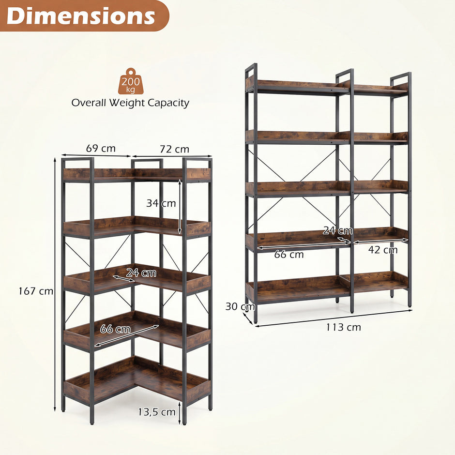 Bücherregal – 5‑stöckiges L‑Form‑Eckregal med förhöjda sidokanter – 72 x 69 x 167 cm