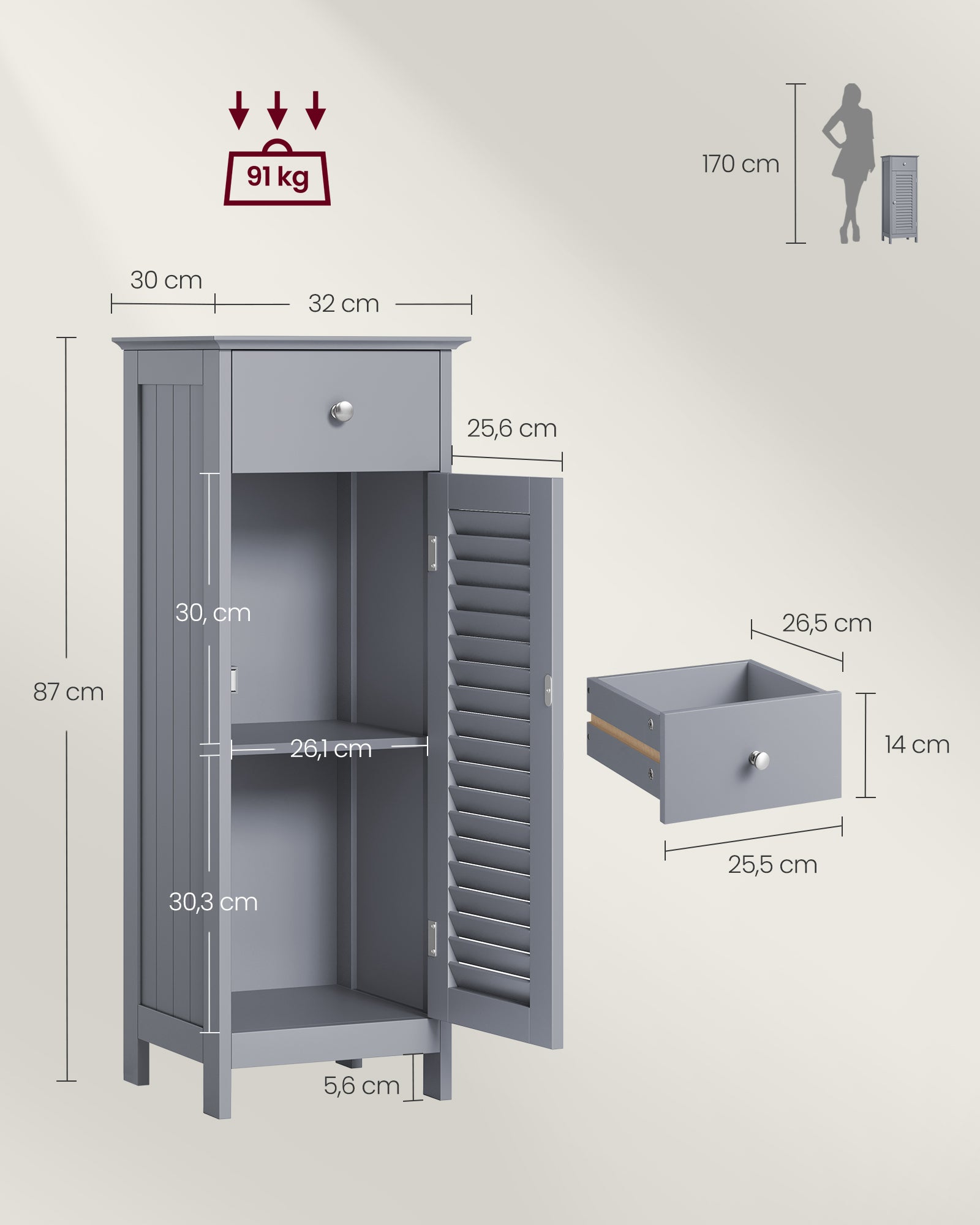 Badezimmermöbel - schmal - mit Schublade und Louvre -Tür