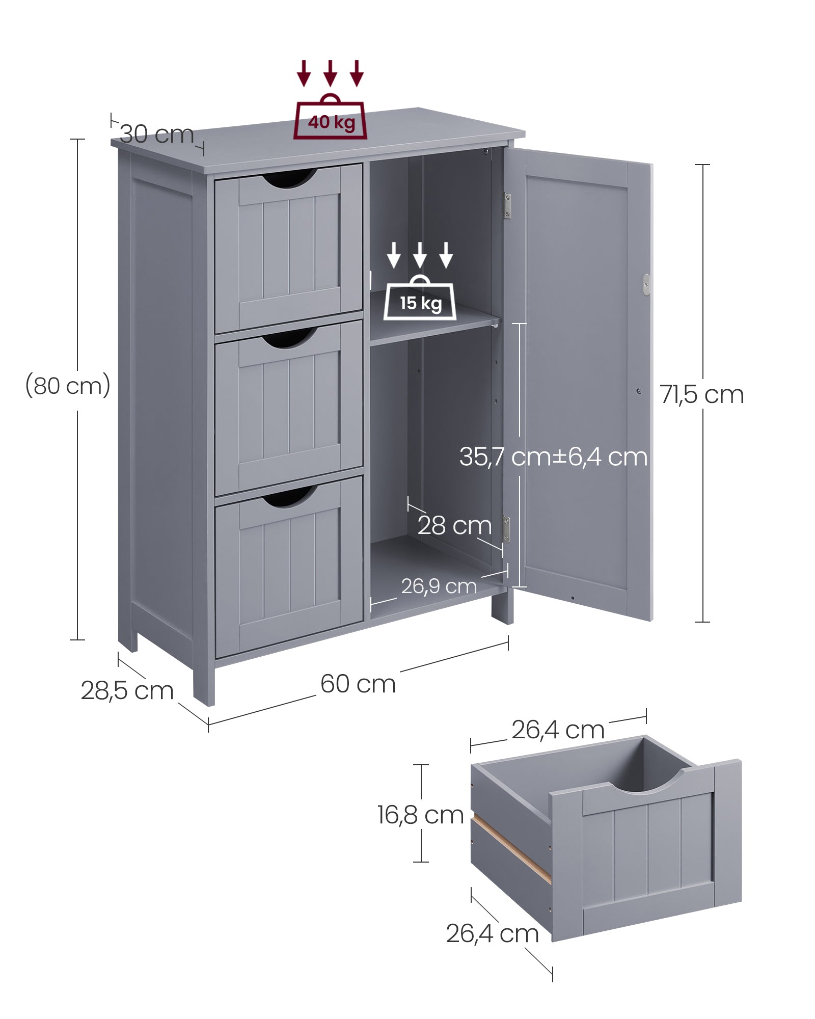 Badezimmermöbel - mit 3 Schubladen und Schranktür