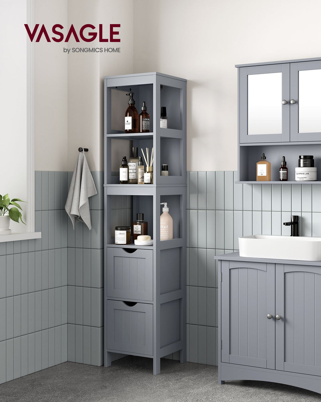 Badezimmerschrank - hoch - schmaler Stehen - Taube grau