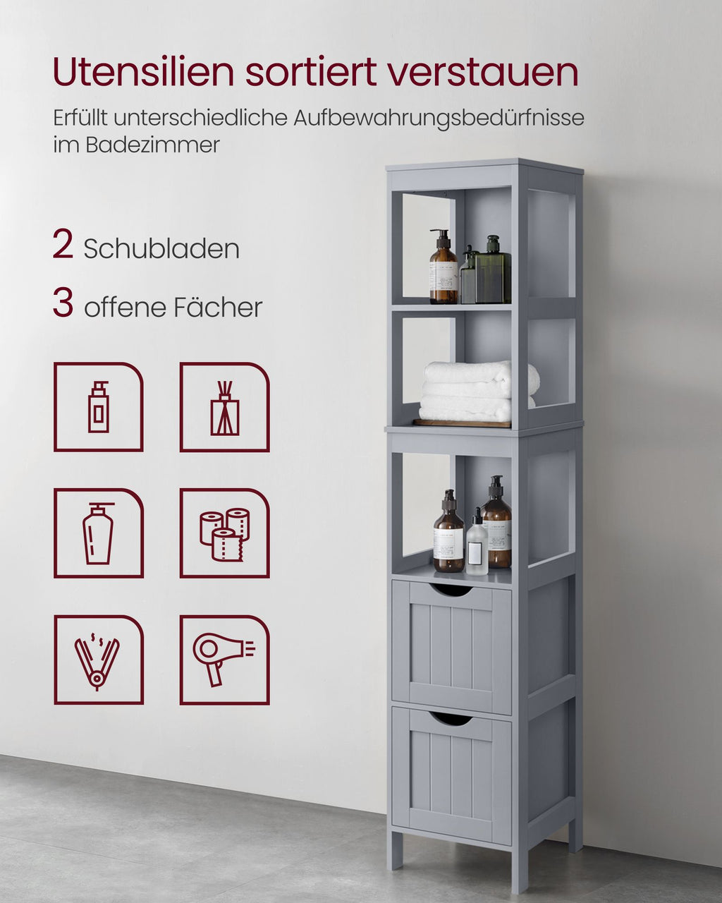 Badezimmerschrank - hoch - schmaler Stehen - Taube grau