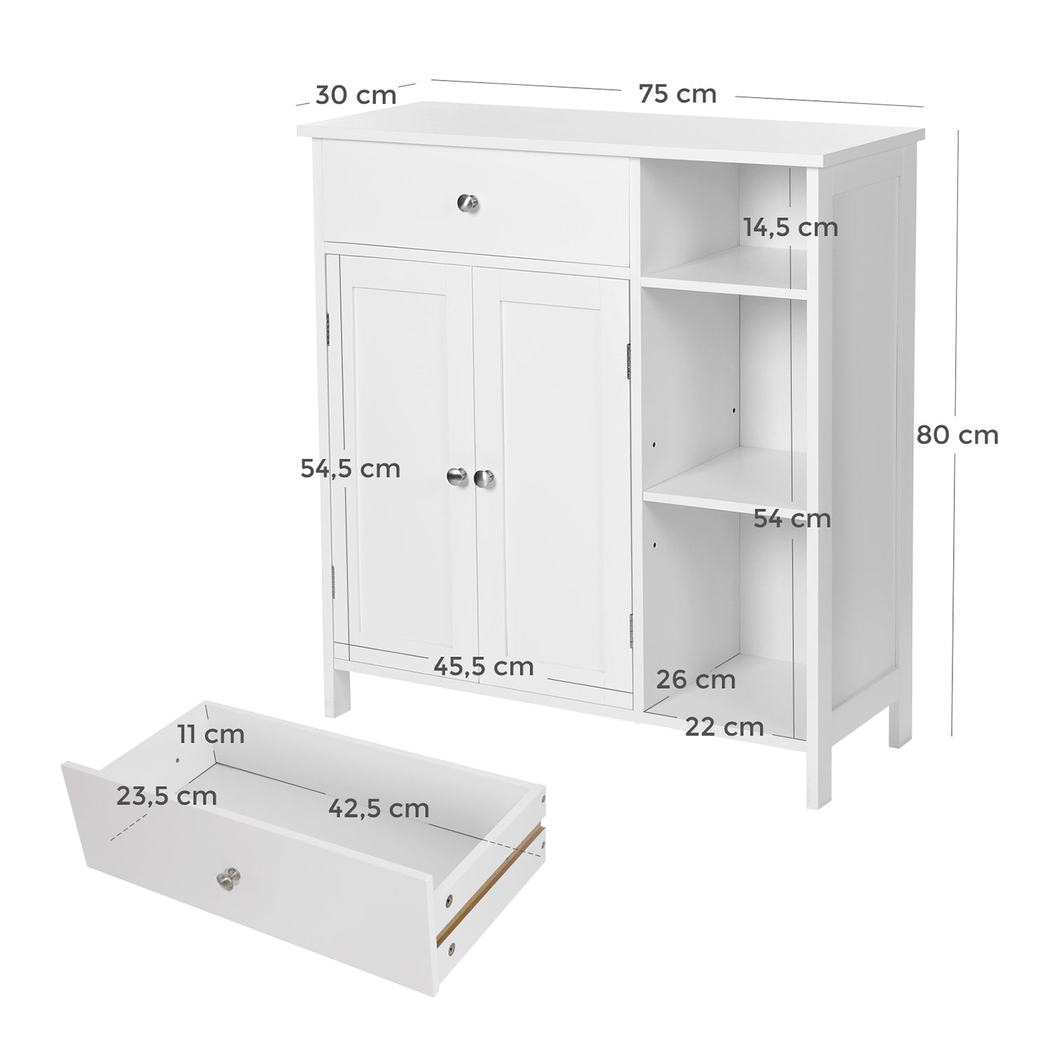 Badezimmerschrank - mit 1 Schublade - 3 Regale - Holz - Weiß