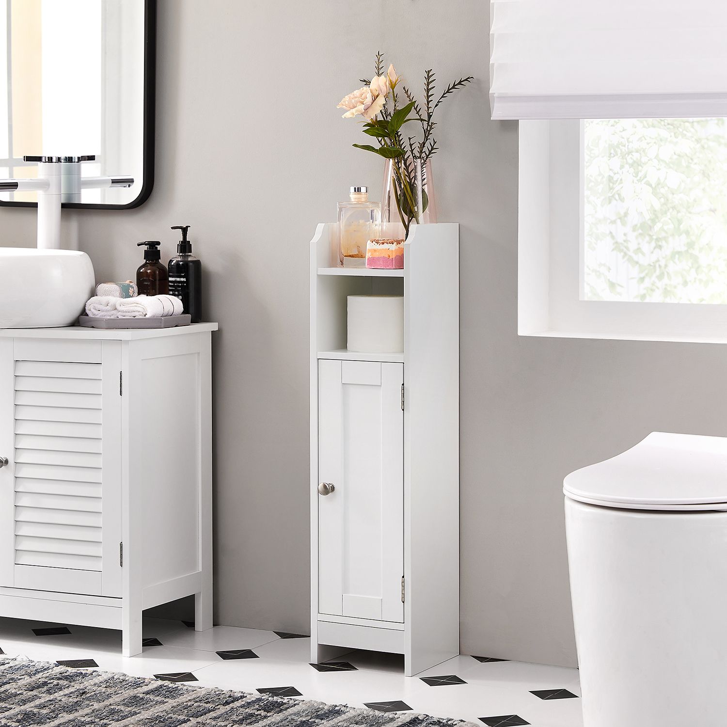 Bathroom cabinet - Narrow cupboard - With door and 2 shelves - White