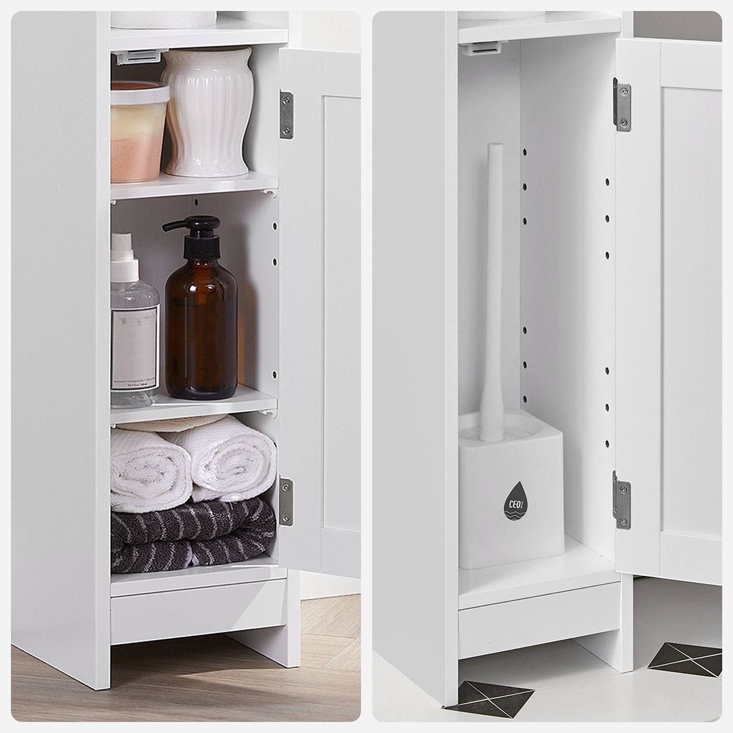 Bathroom cabinet - Narrow cupboard - With door and 2 shelves - White