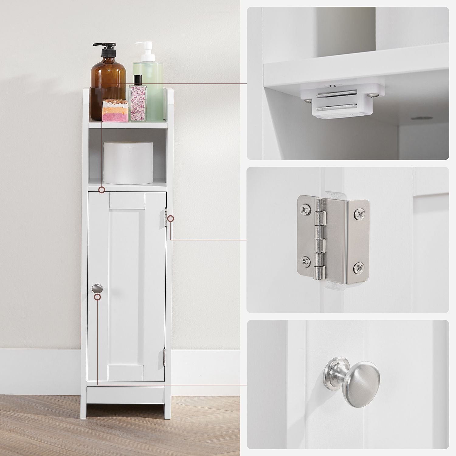 Bathroom cabinet - Narrow cupboard - With door and 2 shelves - White
