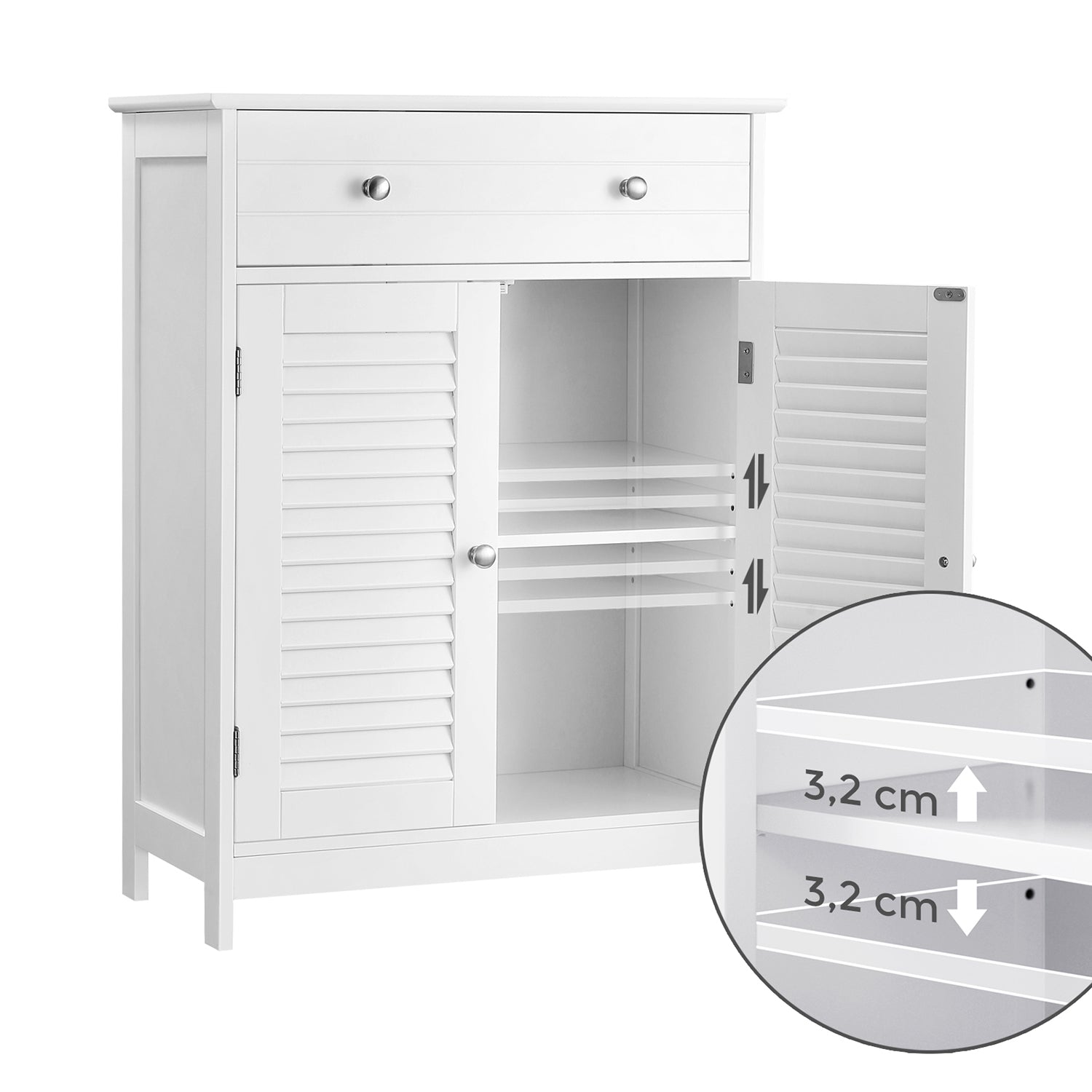 Badezimmerschrank - mit 2 Lattentüren - mit verstellbaren Regalen - Weiß
