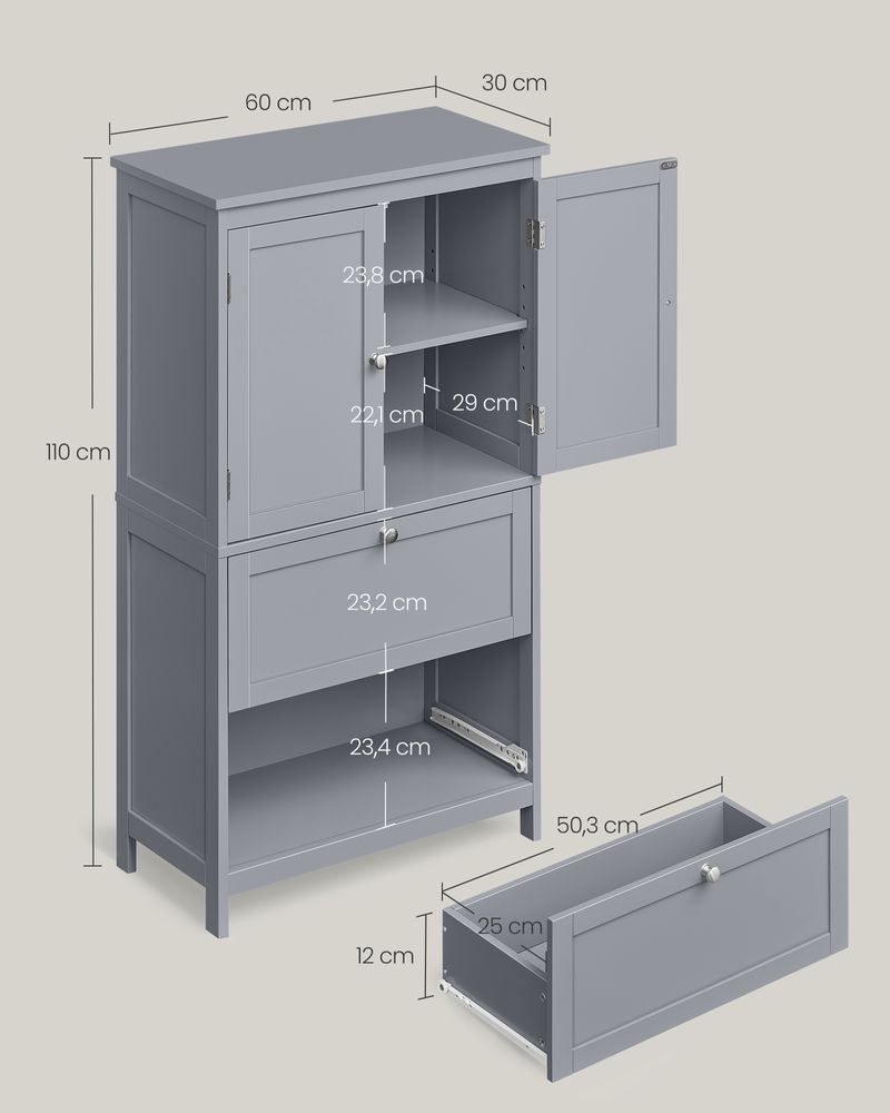 Badezimmerschrank - Wohnzimmerschrank - Türen - 2 Schubladen - aus Holz - Grau