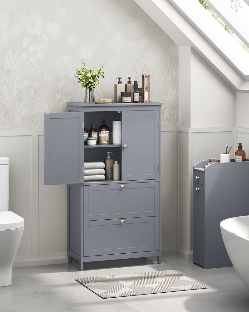 Badezimmerschrank - Wohnzimmerschrank - Türen - 2 Schubladen - aus Holz - Grau