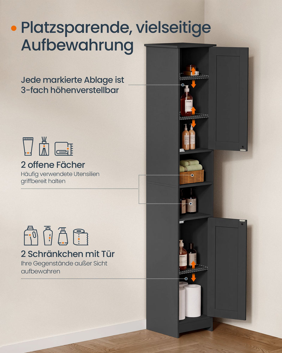 Badkamerkast – Smal en Hoog – 2 Deuren – Verstelbare Planken – 30 x 30 x 170 cm – Inktzwart