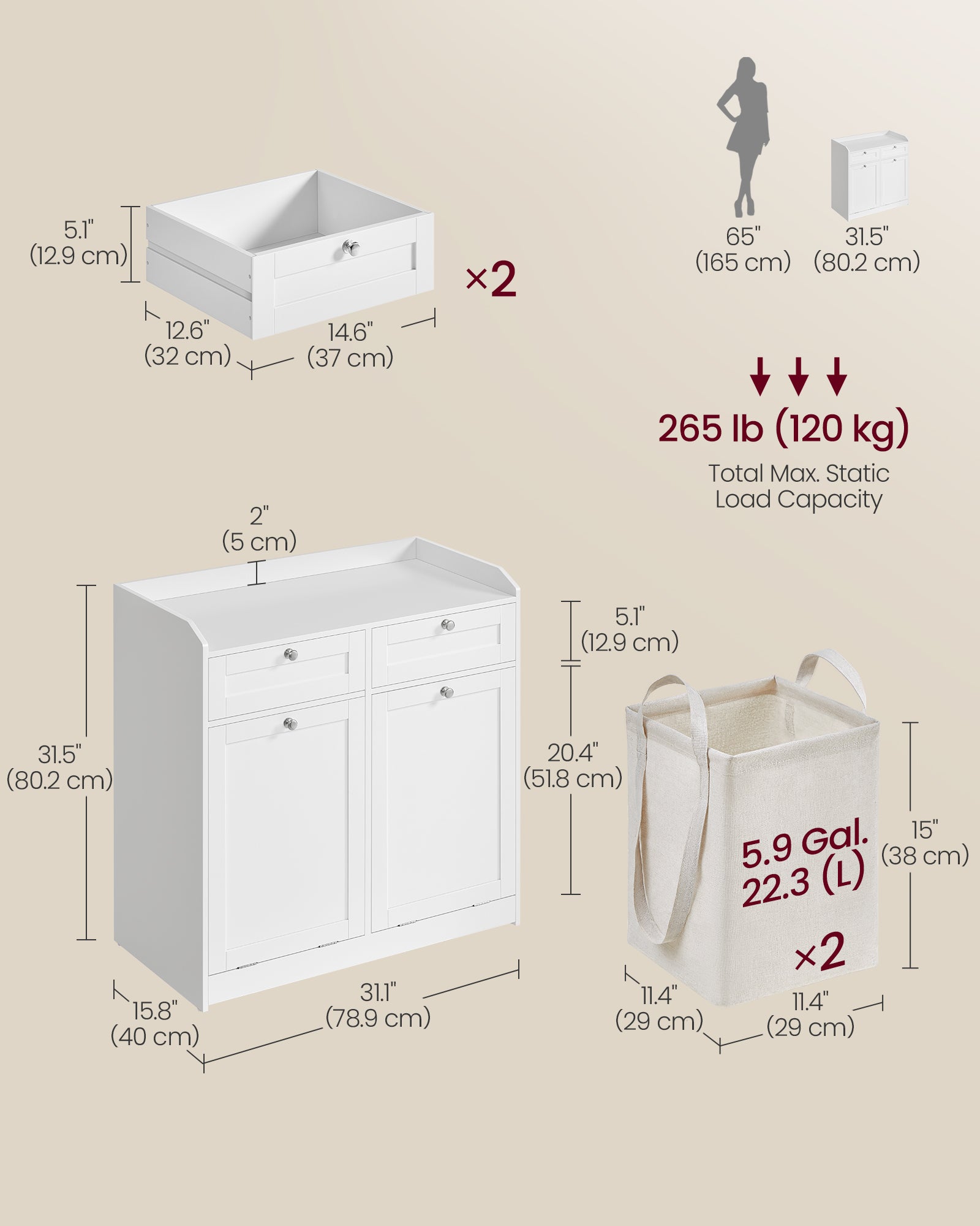 Badezimmerschrank - mit Wäschekörben und Schubladen - Wolkwit