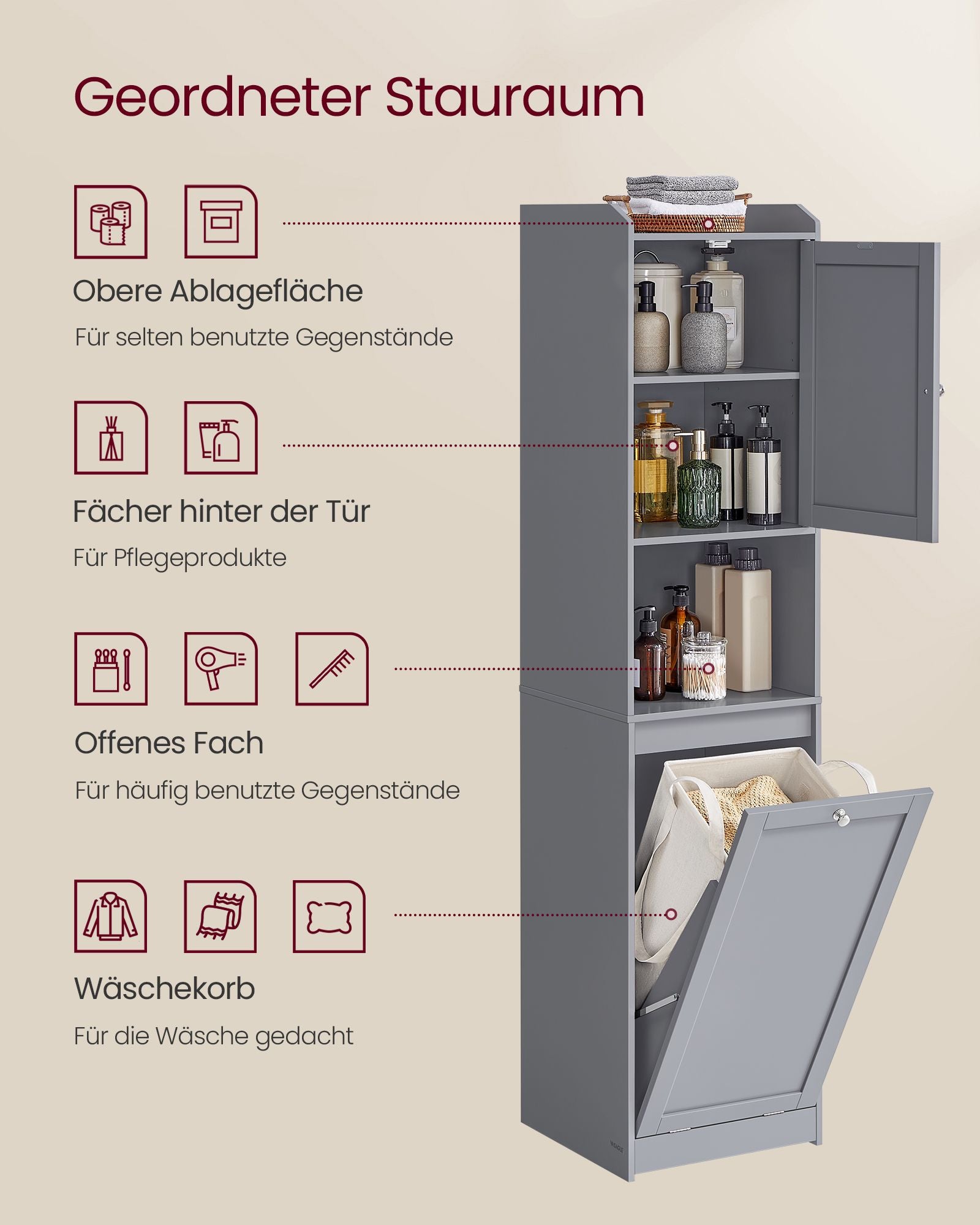 Badezimmerschrank - mit Wäschekorb und Griffen - Taube grau