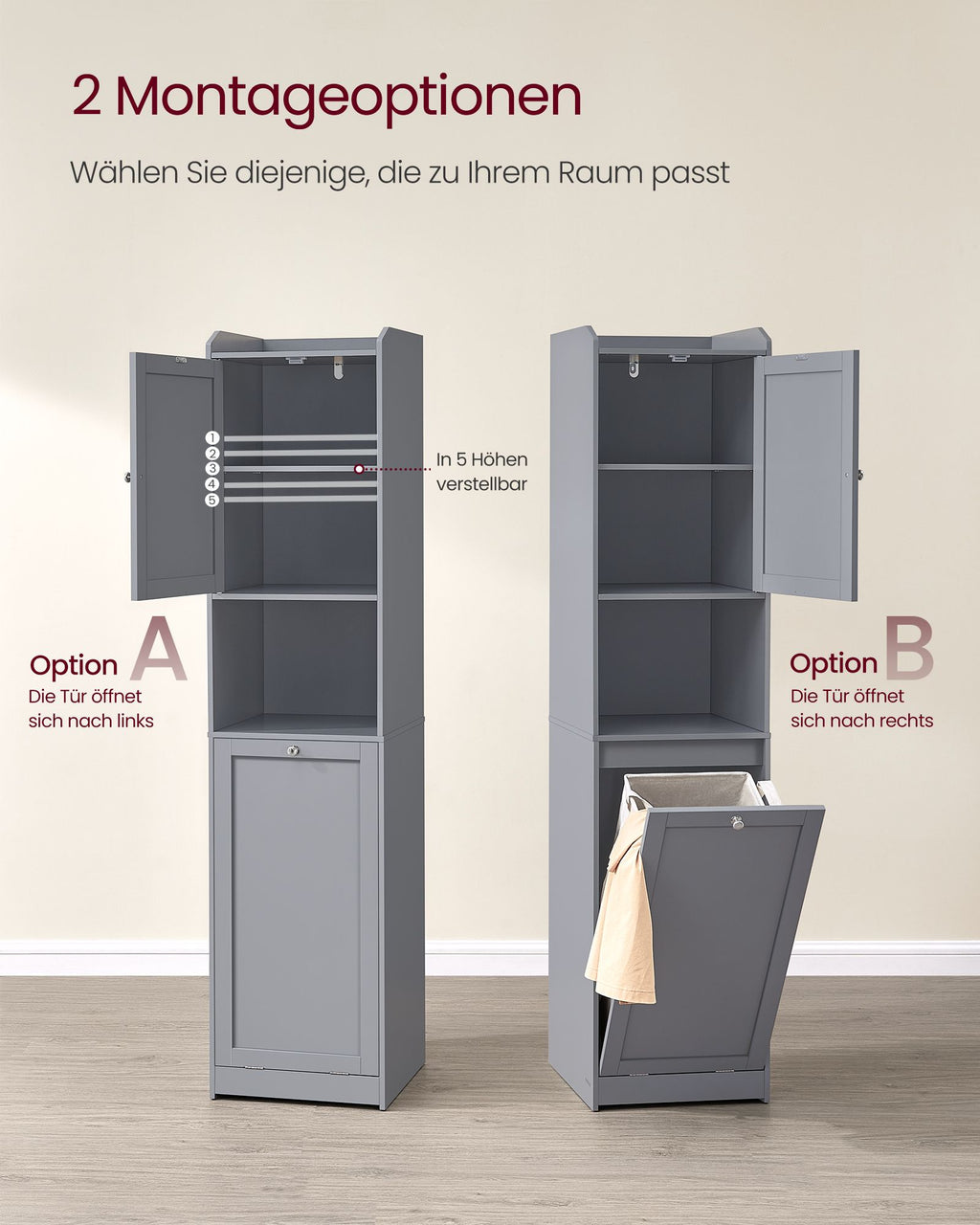 Badezimmerschrank - mit Wäschekorb und Griffen - Taube grau