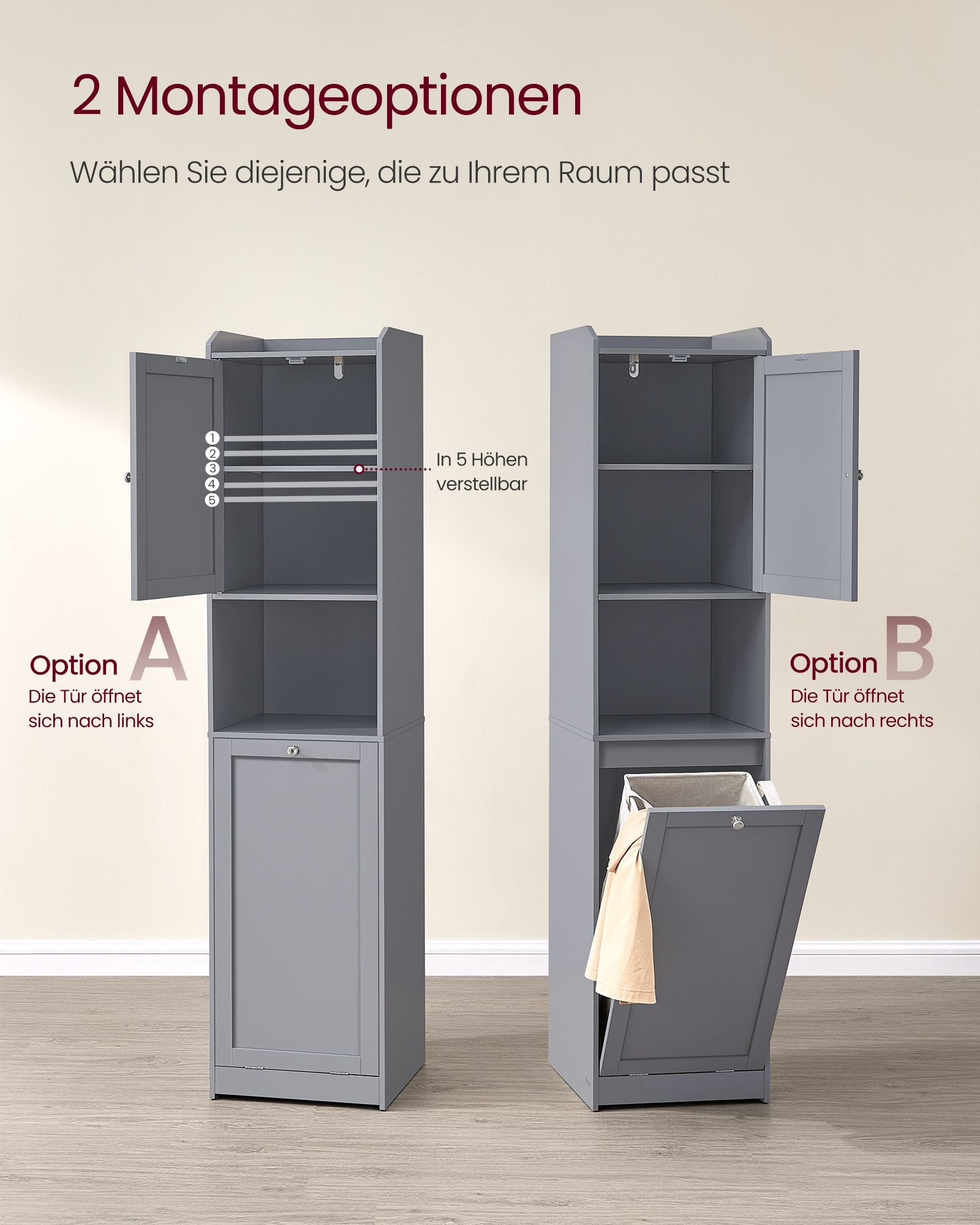 Badezimmerschrank - mit Wäschekorb und Griffen - Taube grau