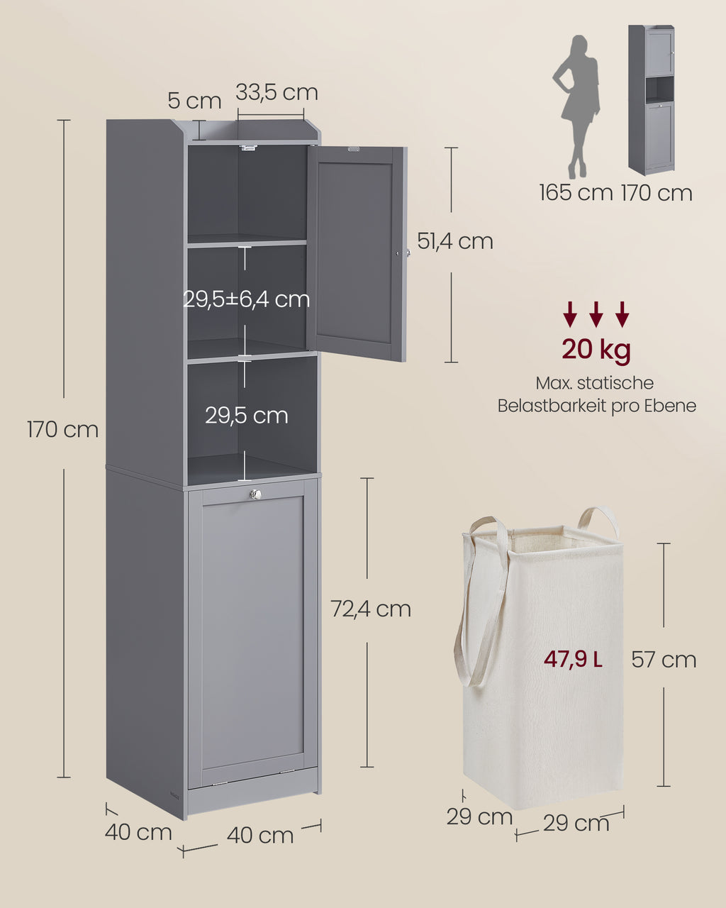 Badezimmerschrank - mit Wäschekorb und Griffen - Taube grau