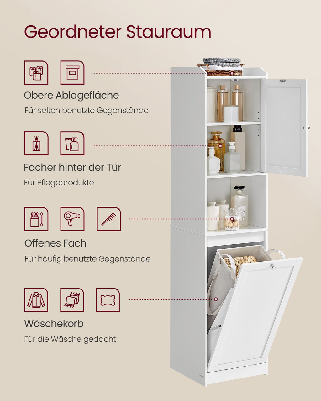 Badezimmerschrank - mit Wäschereikorb - 40 × 40 × 170 cm