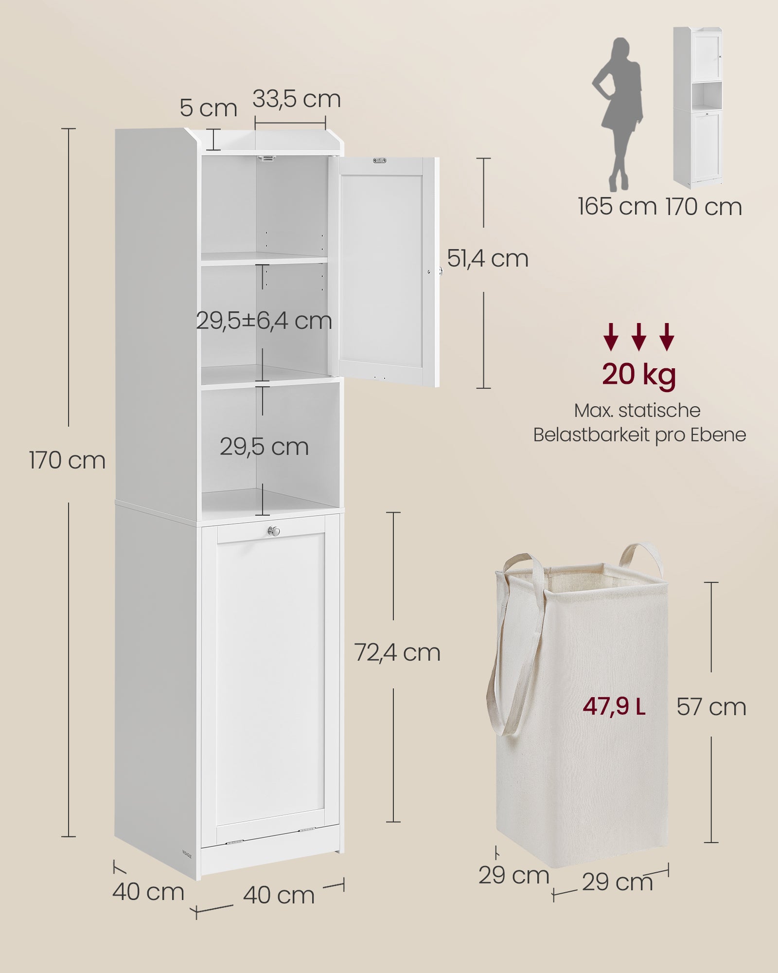 Badezimmerschrank - mit Wäschereikorb - 40 × 40 × 170 cm
